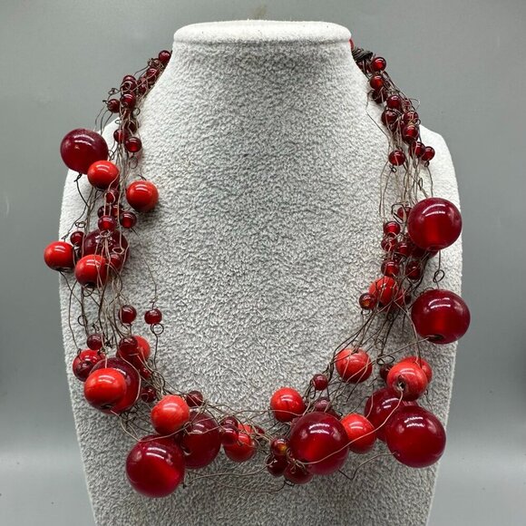 Manouk Red Necklace Multi Strand Wire Wrap Statement Brass Tone Boho Jewelry - Picture 2 of 11
